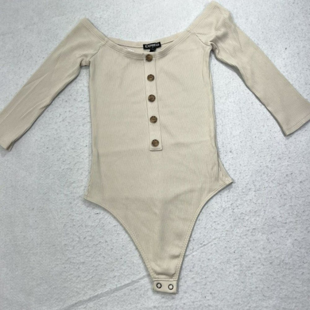 Express Women's Small Beige Bodysuit Button Up Pullover 3/4 Length Sleeve